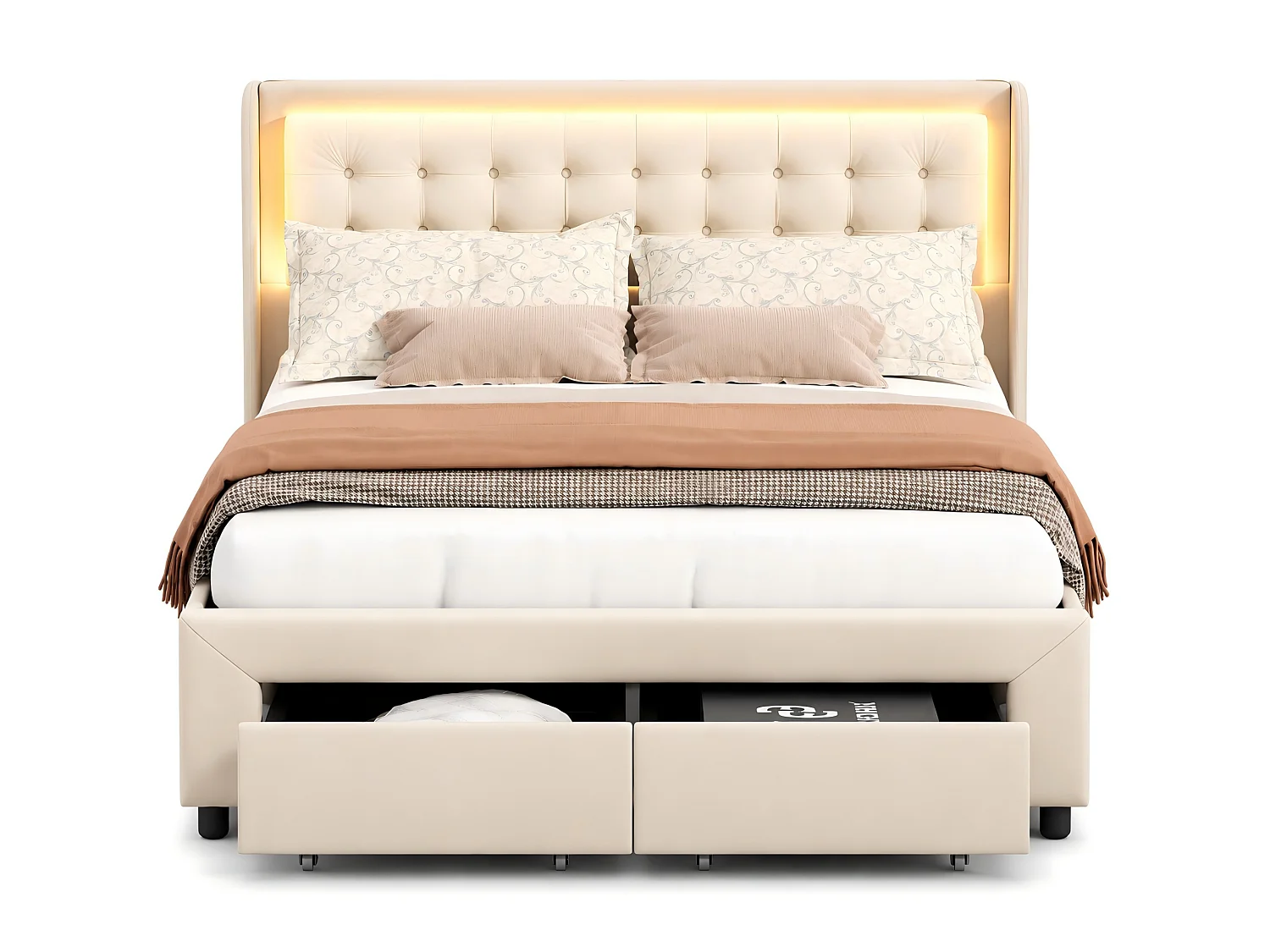 Lit Coffre 160x200 cm, Rangement Hydraulique, Lit Double Capitonné, 2 Tiroirs de Rangement Supplémentaires, Éclairage LED télécommande, Velours, Beige