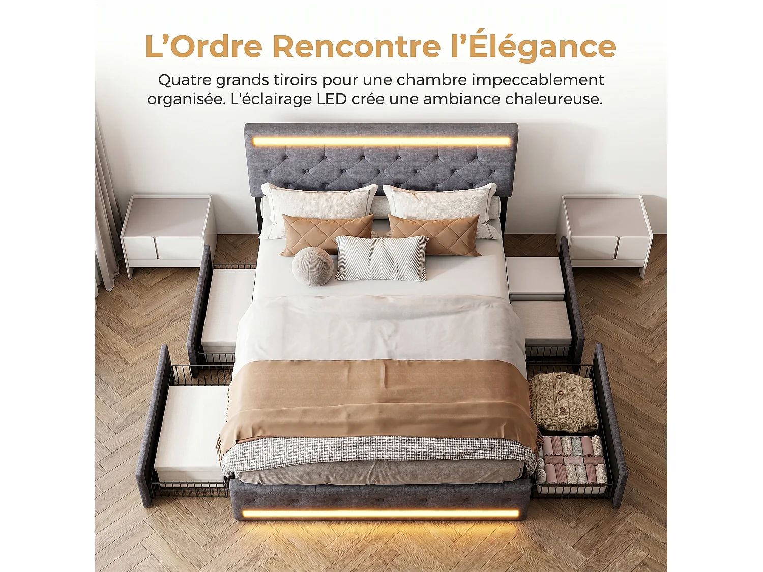 Lit Double Rembourré 160x200 cm, 4 Tiroirs de rangement à Cadre Métallique, éclairage LED télécommandé, Port USB et Type-C, Tête de Lit Réglable, Lin, Gris foncé