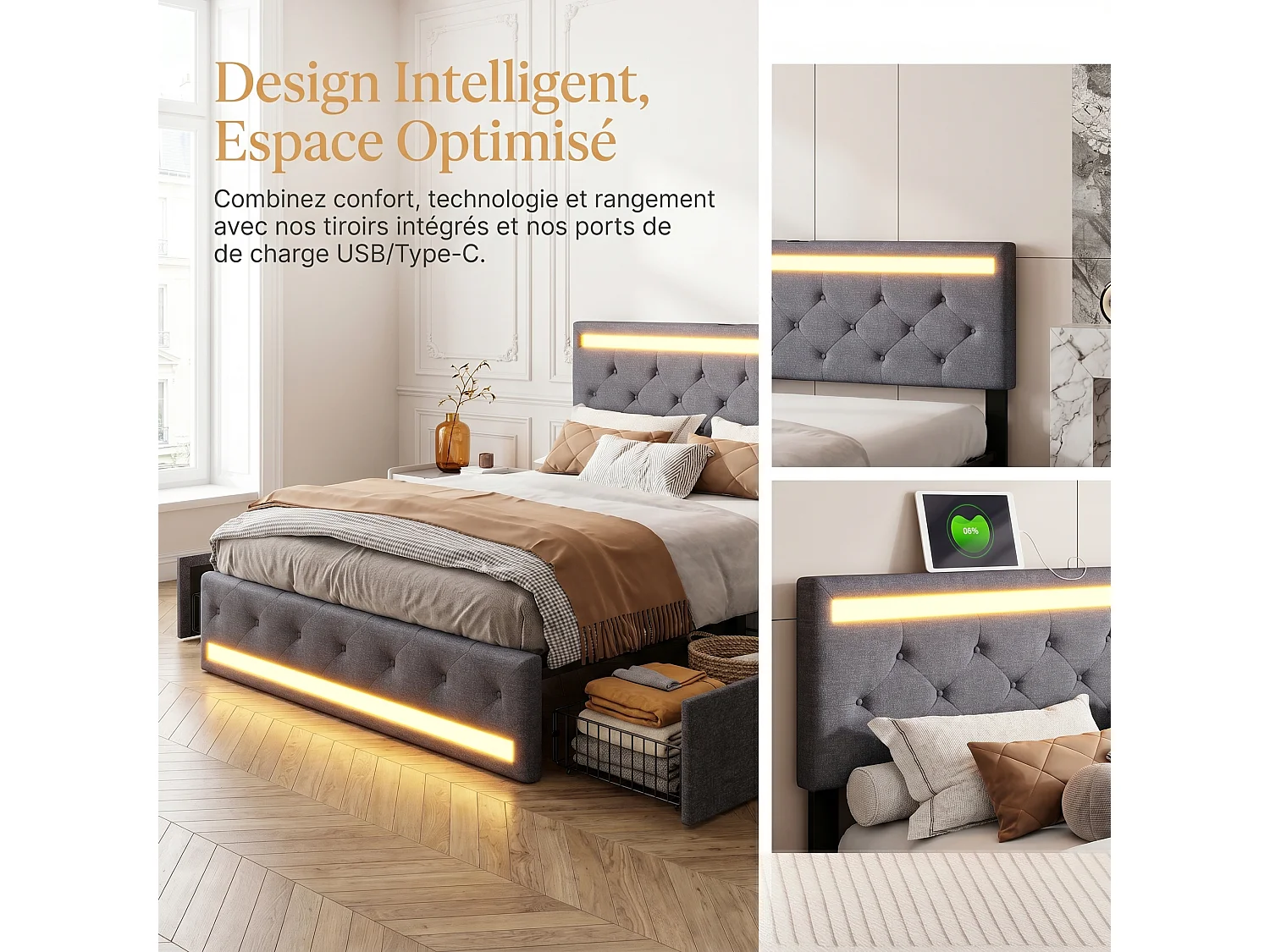 Lit Double Rembourré 160x200 cm, 4 Tiroirs de rangement à Cadre Métallique, éclairage LED télécommandé, Port USB et Type-C, Tête de Lit Réglable, Lin, Gris foncé