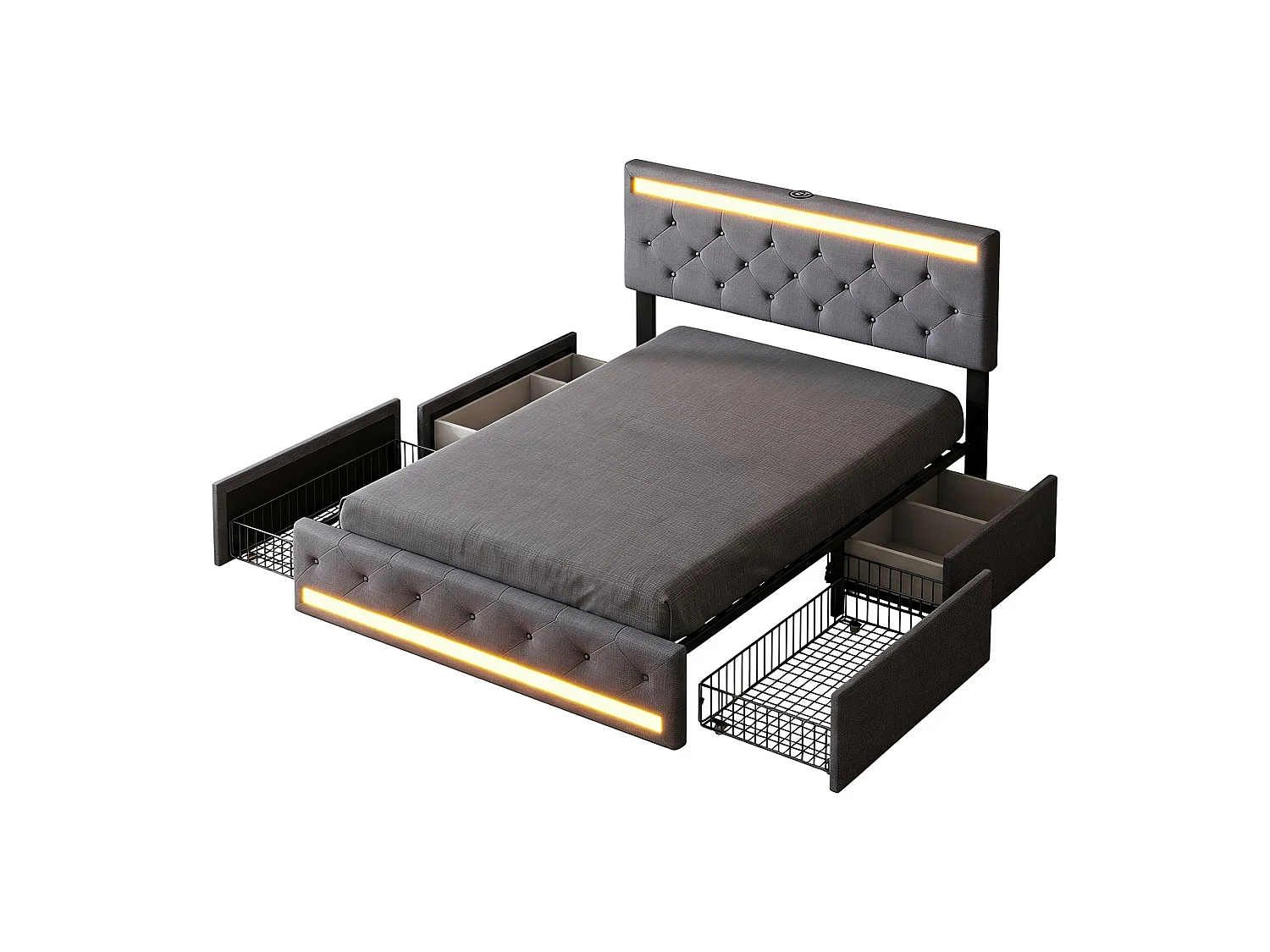 Lit Double Rembourré 160x200 cm, 4 Tiroirs de rangement à Cadre Métallique, éclairage LED télécommandé, Port USB et Type-C, Tête de Lit Réglable, Lin, Gris foncé