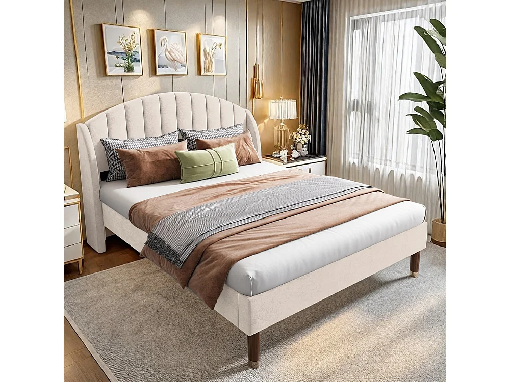 Cadre de lit rembourré 140 x 190 cm - Lit double avec tête courbe à canaux à ailes, support à lames en bois massif, jambes en bois avec bouchon or - Velvet - Beige