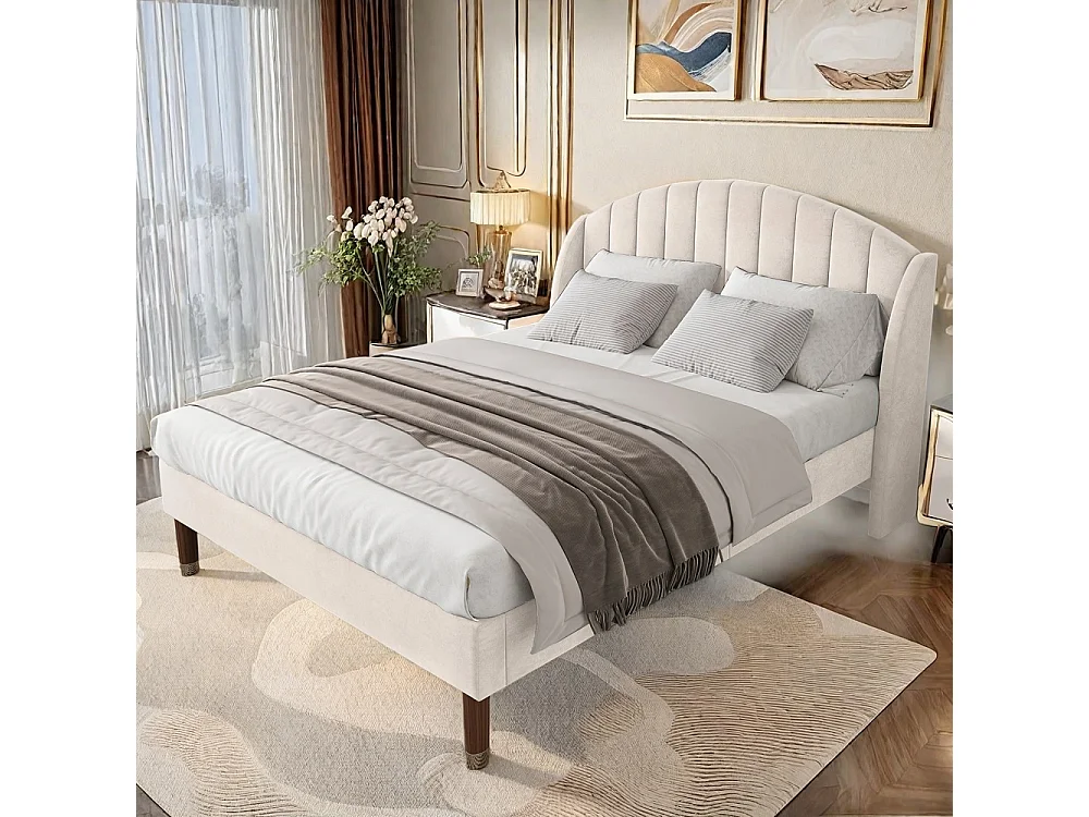 Cadre de lit rembourré 140 x 190 cm - Lit double avec tête courbe à canaux à ailes, support à lames en bois massif, jambes en bois avec bouchon or - Velvet - Beige