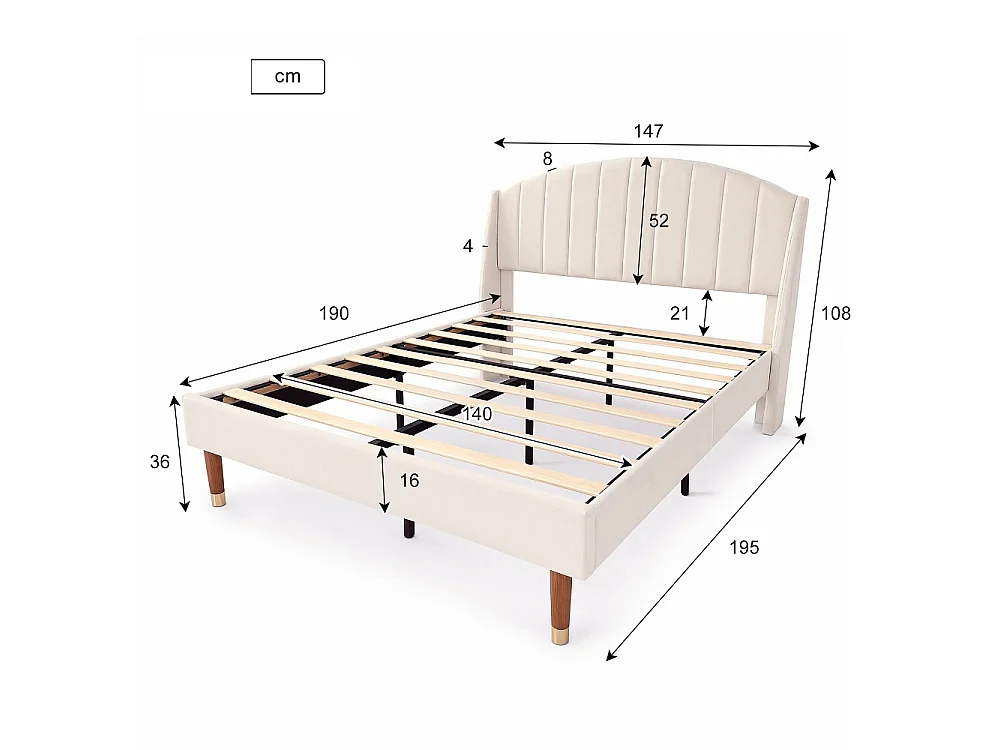 Cadre de lit rembourré 140 x 190 cm - Lit double avec tête courbe à canaux à ailes, support à lames en bois massif, jambes en bois avec bouchon or - Velvet - Beige