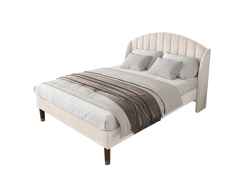 Cadre de lit rembourré 140 x 190 cm - Lit double avec tête courbe à canaux à ailes, support à lames en bois massif, jambes en bois avec bouchon or - Velvet - Beige