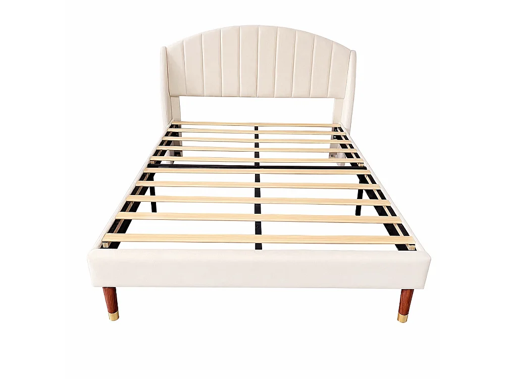Cadre de lit rembourré 140 x 190 cm - Lit double avec tête courbe à canaux à ailes, support à lames en bois massif, jambes en bois avec bouchon or - Velvet - Beige