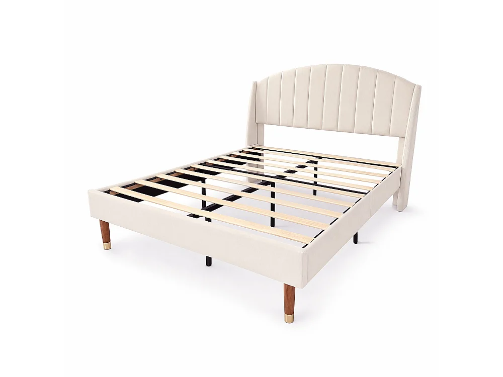 Cadre de lit rembourré 140 x 190 cm - Lit double avec tête courbe à canaux à ailes, support à lames en bois massif, jambes en bois avec bouchon or - Velvet - Beige