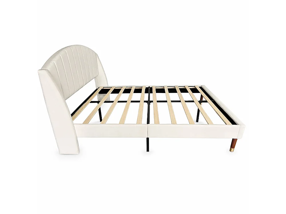 Cadre de lit rembourré 140 x 190 cm - Lit double avec tête courbe à canaux à ailes, support à lames en bois massif, jambes en bois avec bouchon or - Velvet - Beige