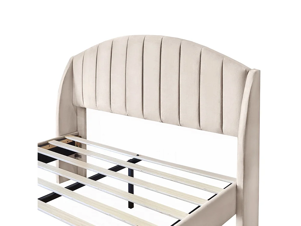 Cadre de lit rembourré 140 x 190 cm - Lit double avec tête courbe à canaux à ailes, support à lames en bois massif, jambes en bois avec bouchon or - Velvet - Beige