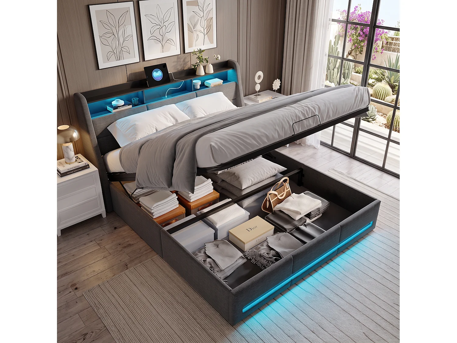 Lit Double Capitonné 160x200cm, Rangement Barométrique,  Lête de Lit avec Cloisons de Rangement, éclairage LED, Port USB, Sommier à Lattes, Lit Adulte, Lin, Gris