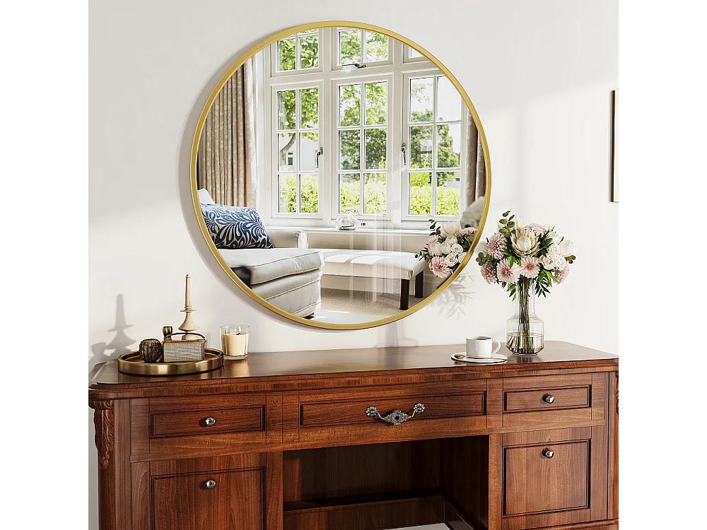 Miroir mural rond 75cm de diamètre - Miroir de salle de bain avec cadre en alliage d'aluminium - Miroir décoratif monté au mur, Miroir de vanité - or