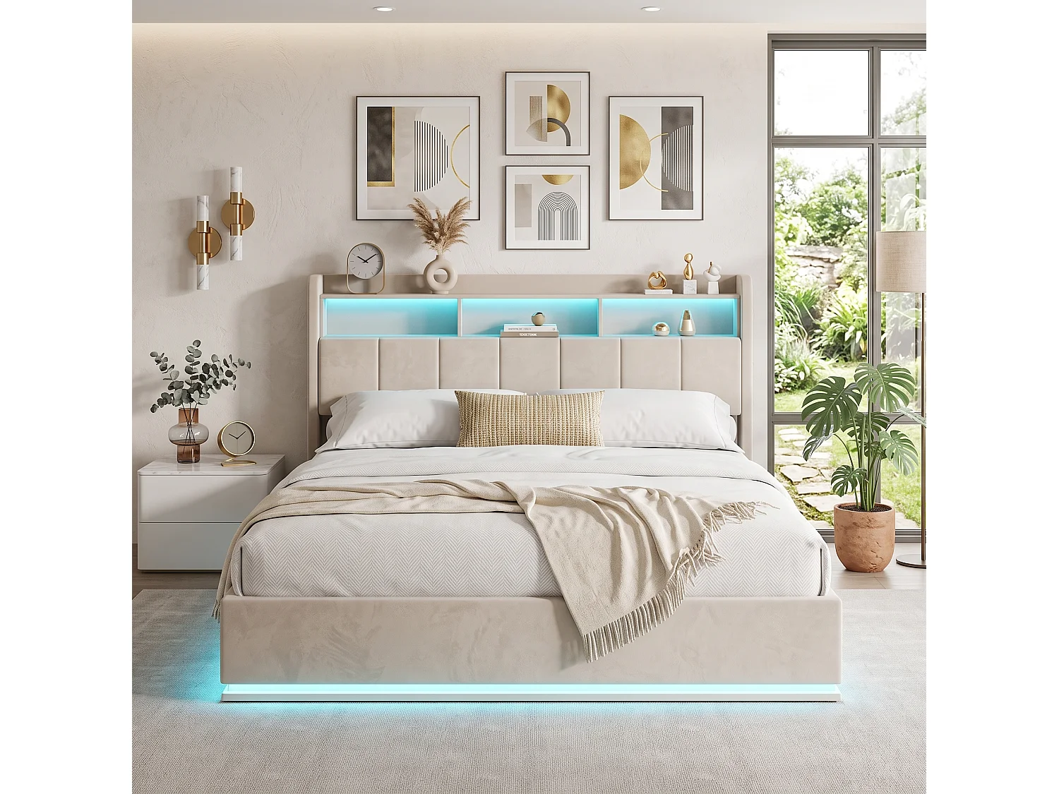 Lit Coffre Barométrique 140x190 cm, Tête de Lit Rembourrée avec cadre de rangement, éclairage LED, Ports USB, Lit Double en Velours Beige, Sommier à Lattes