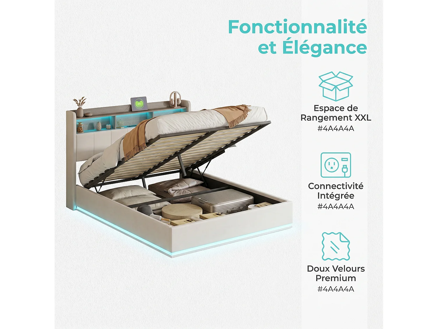 Lit Coffre Barométrique 140x190 cm, Tête de Lit Rembourrée avec cadre de rangement, éclairage LED, Ports USB, Lit Double en Velours Beige, Sommier à Lattes