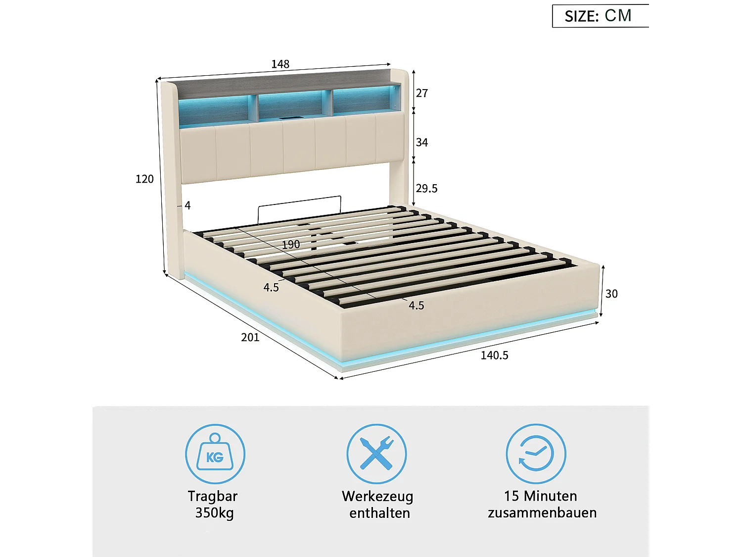 Lit Coffre Barométrique 140x190 cm, Tête de Lit Rembourrée avec cadre de rangement, éclairage LED, Ports USB, Lit Double en Velours Beige, Sommier à Lattes