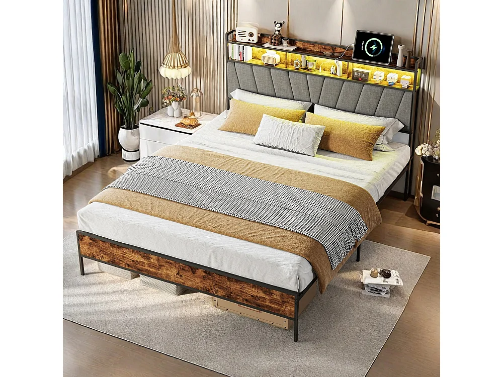 Cadre de lit en métal 160 x 200 cm - Lit rembourré avec tête de rangement et LED et USB & Type-C - Lit double avec cadre à lames - linge - gris