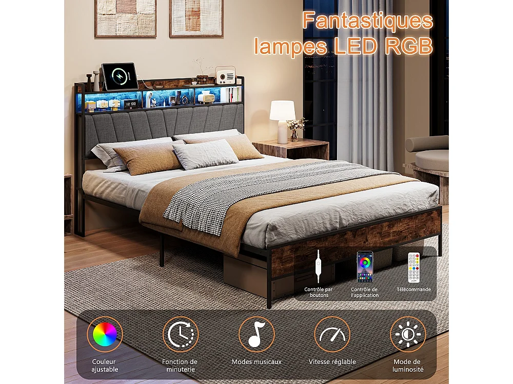 Cadre de lit en métal 160 x 200 cm - Lit rembourré avec tête de rangement et LED et USB & Type-C - Lit double avec cadre à lames - linge - gris
