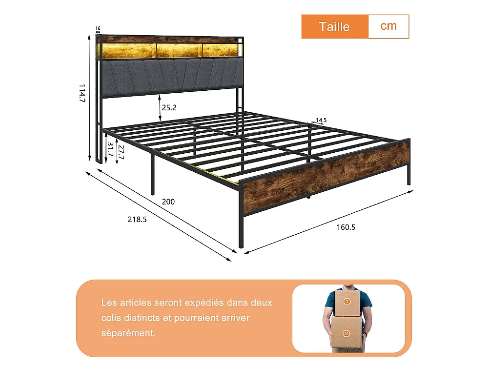 Cadre de lit en métal 160 x 200 cm - Lit rembourré avec tête de rangement et LED et USB & Type-C - Lit double avec cadre à lames - linge - gris