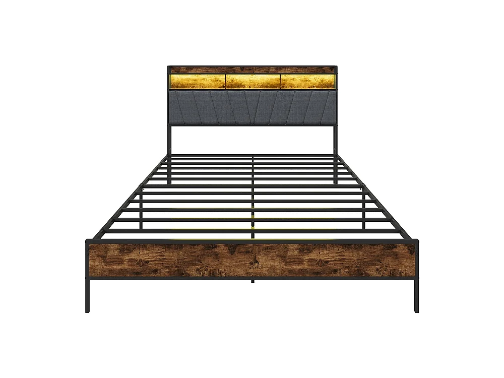Cadre de lit en métal 160 x 200 cm - Lit rembourré avec tête de rangement et LED et USB & Type-C - Lit double avec cadre à lames - linge - gris