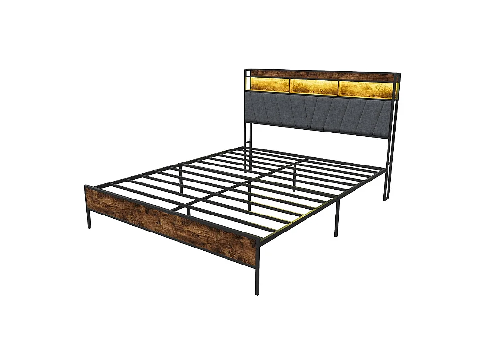 Cadre de lit en métal 160 x 200 cm - Lit rembourré avec tête de rangement et LED et USB & Type-C - Lit double avec cadre à lames - linge - gris