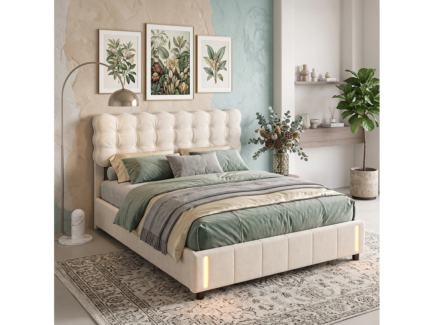 Lit Double Coffre 140x190 cm - Rangement Hydraulique - Tête de Lit Rembourrée en Velours - éclairage LED- sommier à lattes - Lit Adolescents - Beige