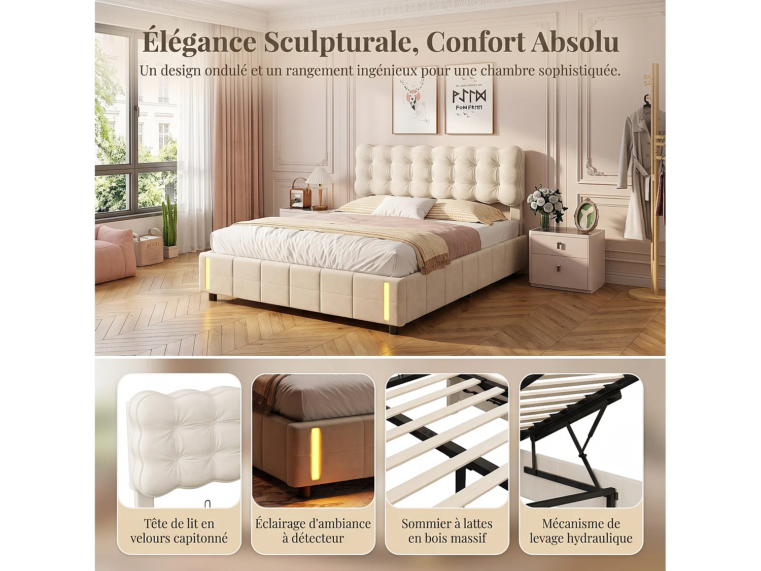 Lit Double Coffre 140x190 cm - Rangement Hydraulique - Tête de Lit Rembourrée en Velours - éclairage LED- sommier à lattes - Lit Adolescents - Beige