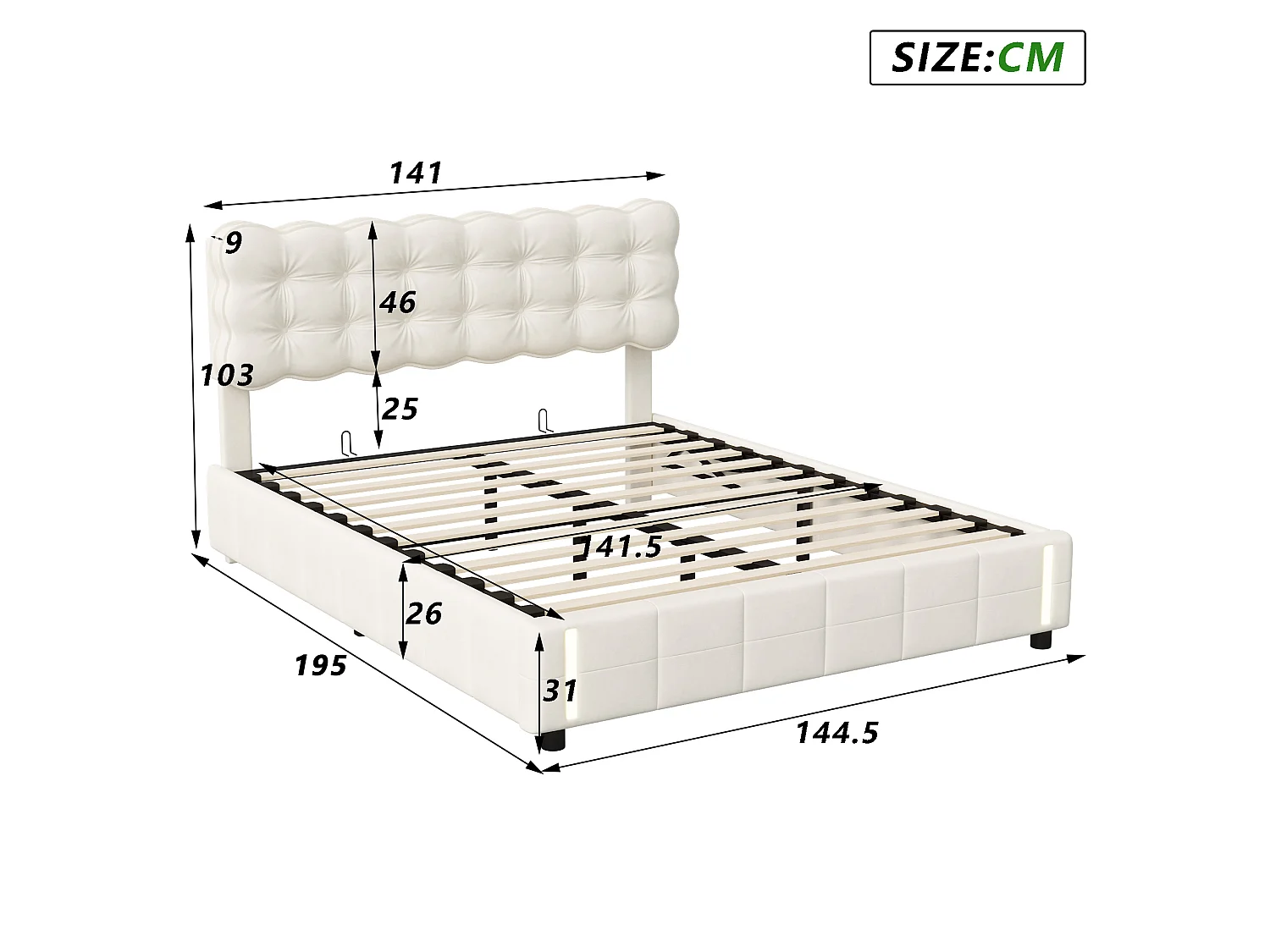 Lit Double Coffre 140x190 cm - Rangement Hydraulique - Tête de Lit Rembourrée en Velours - éclairage LED- sommier à lattes - Lit Adolescents - Beige