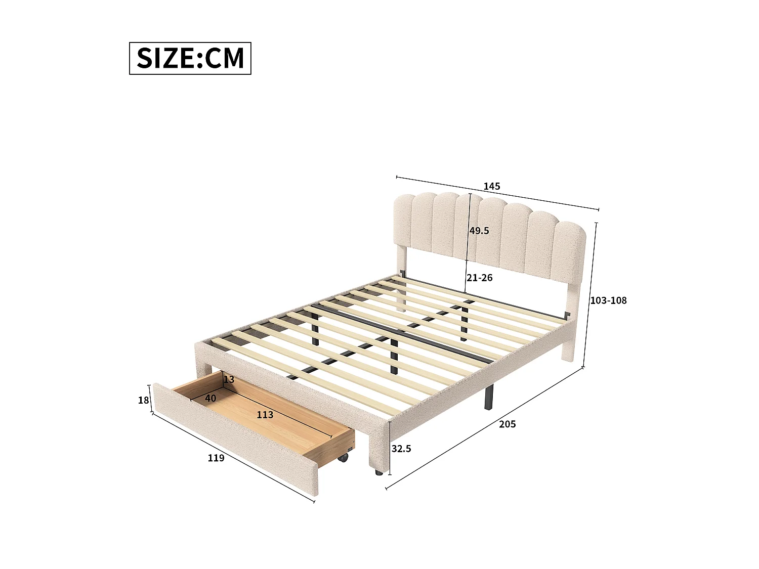 Lit Double Capitonnée 140x200 cm avec Tiroirs, Tête de Lit Réglable en Hauteur, Ports USB et Type-C, Sommier à Lattes, Style Nordique, Teddy velours, Beige