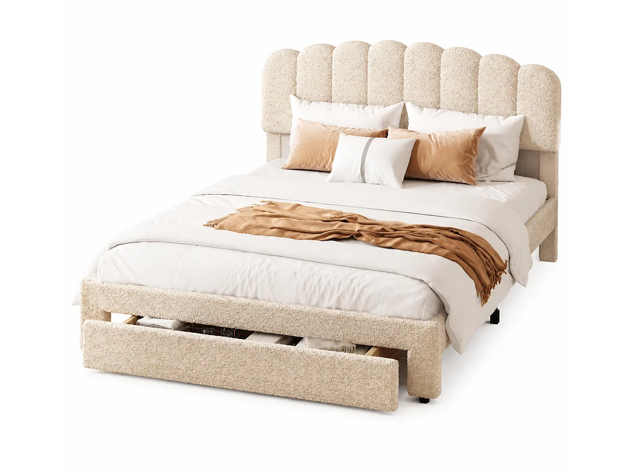 Lit Double Capitonnée 140x200 cm avec Tiroirs, Tête de Lit Réglable en Hauteur, Ports USB et Type-C, Sommier à Lattes, Style Nordique, Teddy velours, Beige