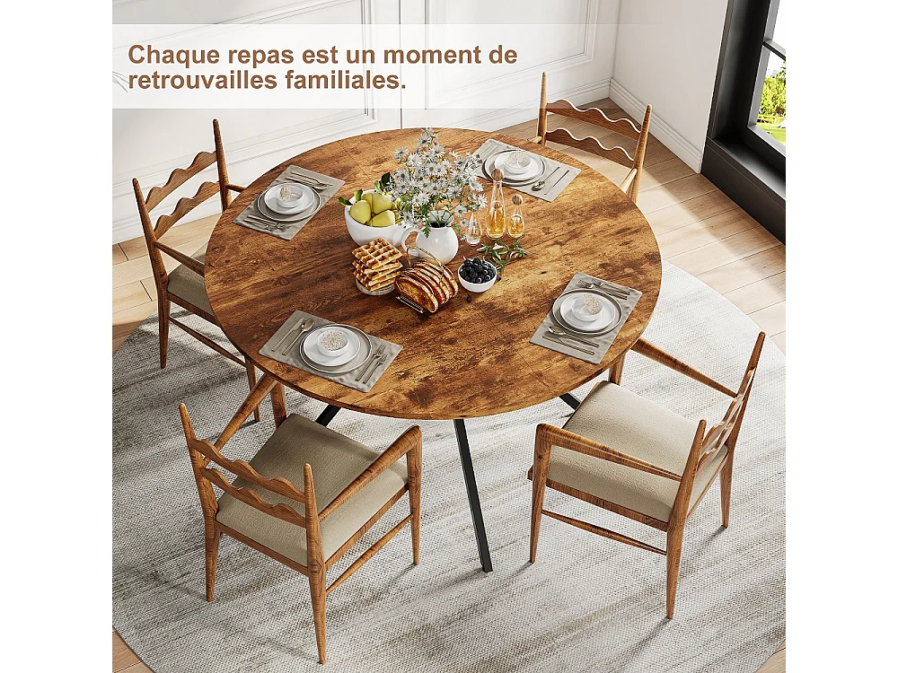 Table à manger ronde industrielle 120cm - Table de cuisine avec étagère de rangement inférieure, jambes métalliques, pour 4-6 personnes