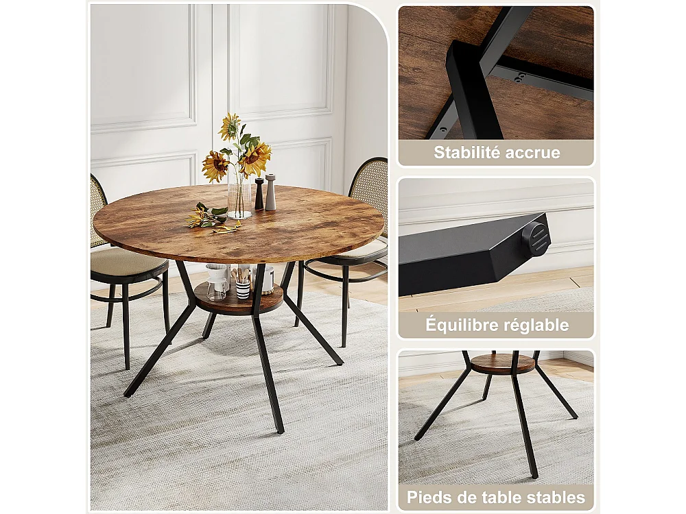 Table à manger ronde industrielle 120cm - Table de cuisine avec étagère de rangement inférieure, jambes métalliques, pour 4-6 personnes