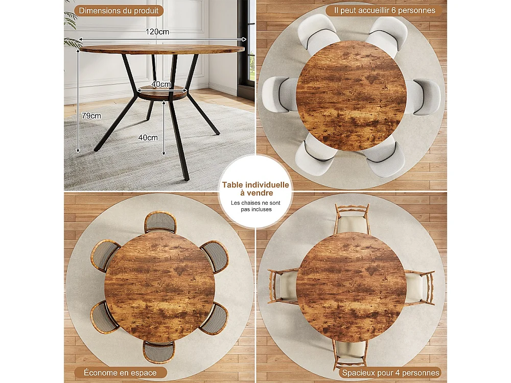 Table à manger ronde industrielle 120cm - Table de cuisine avec étagère de rangement inférieure, jambes métalliques, pour 4-6 personnes