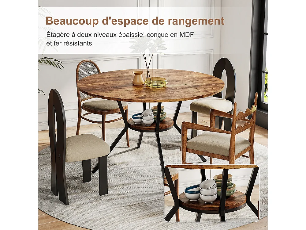Table à manger ronde industrielle 120cm - Table de cuisine avec étagère de rangement inférieure, jambes métalliques, pour 4-6 personnes