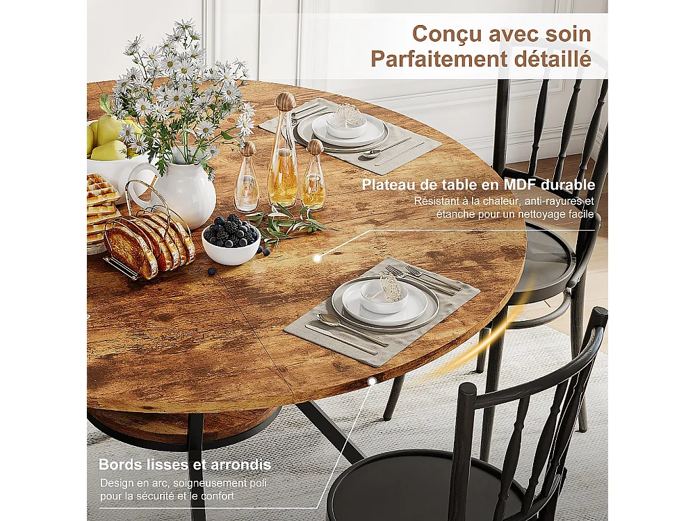 Table à manger ronde industrielle 120cm - Table de cuisine avec étagère de rangement inférieure, jambes métalliques, pour 4-6 personnes