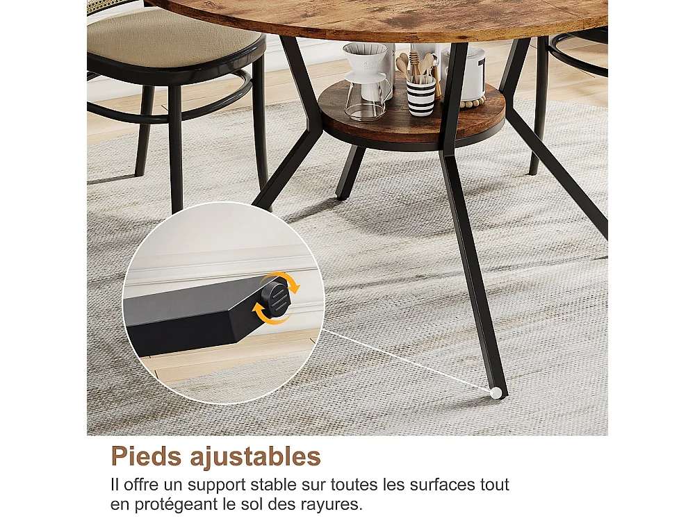 Table à manger ronde industrielle 120cm - Table de cuisine avec étagère de rangement inférieure, jambes métalliques, pour 4-6 personnes