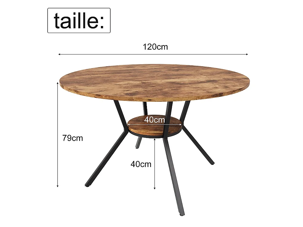 Table à manger ronde industrielle 120cm - Table de cuisine avec étagère de rangement inférieure, jambes métalliques, pour 4-6 personnes