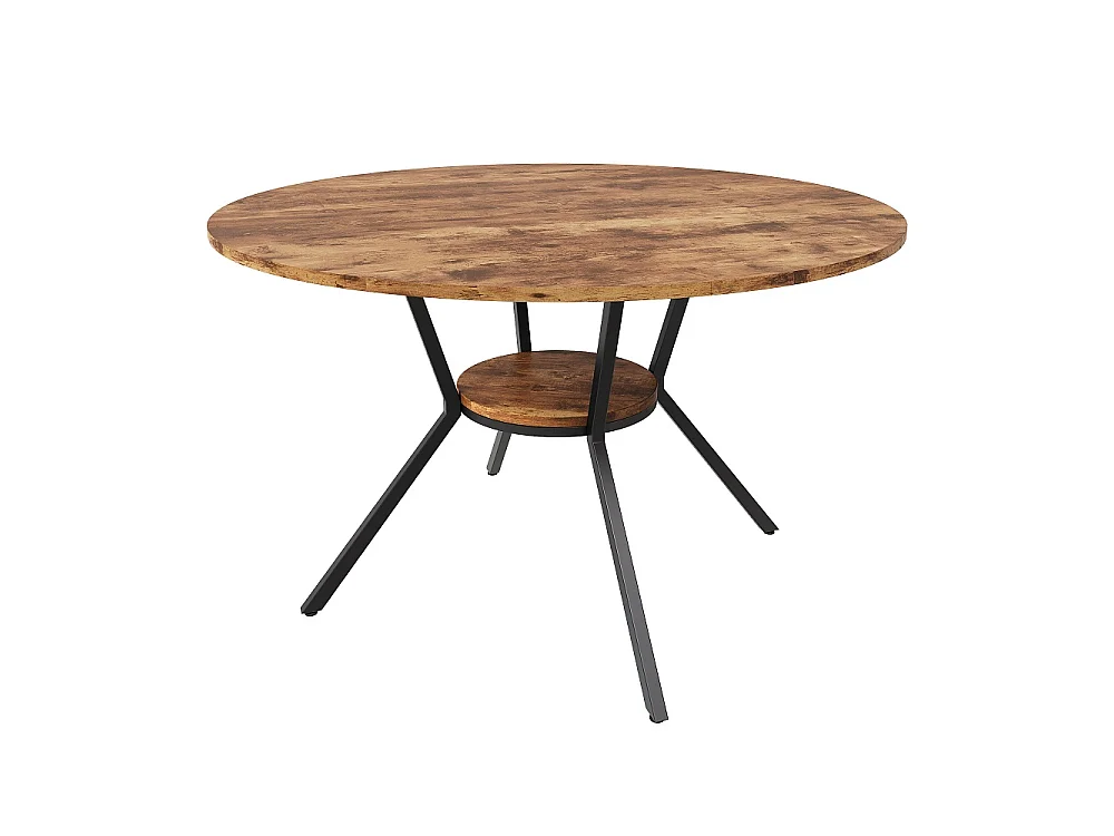 Table à manger ronde industrielle 120cm - Table de cuisine avec étagère de rangement inférieure, jambes métalliques, pour 4-6 personnes