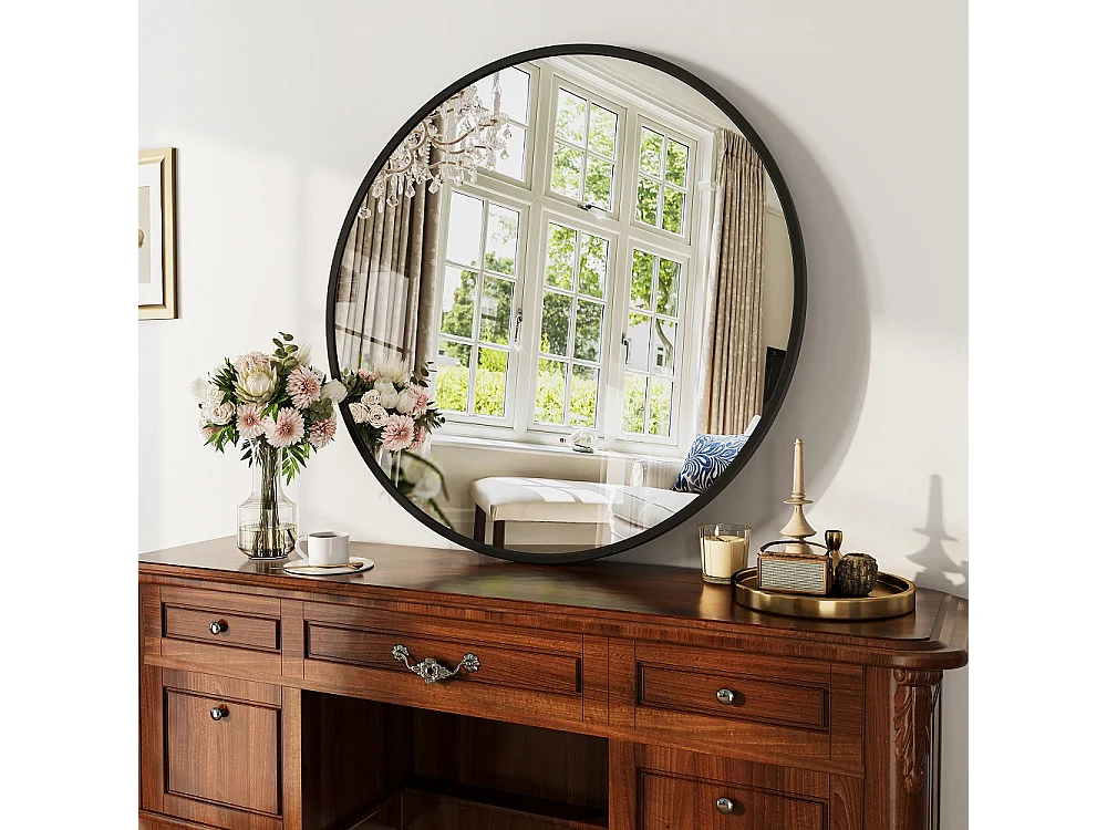 Miroir mural rond 75cm de diamètre - Miroir de salle de bain avec cadre en alliage d'aluminium - Miroir décoratif monté au mur, Miroir de vanité - Noir