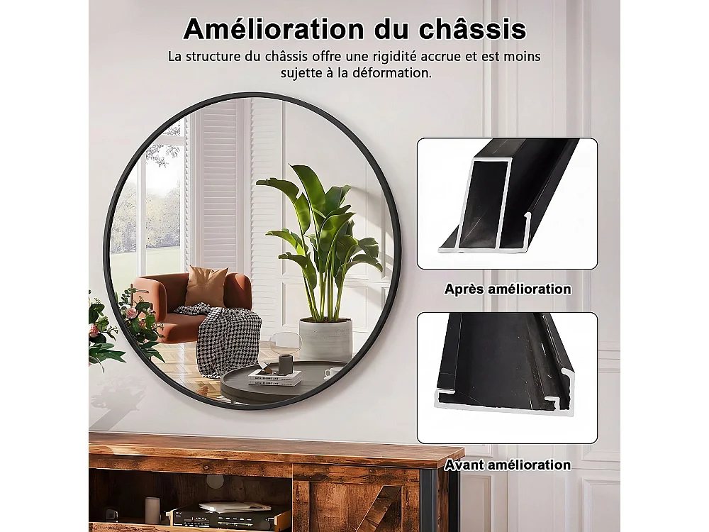Miroir mural rond 75cm de diamètre - Miroir de salle de bain avec cadre en alliage d'aluminium - Miroir décoratif monté au mur, Miroir de vanité - Noir