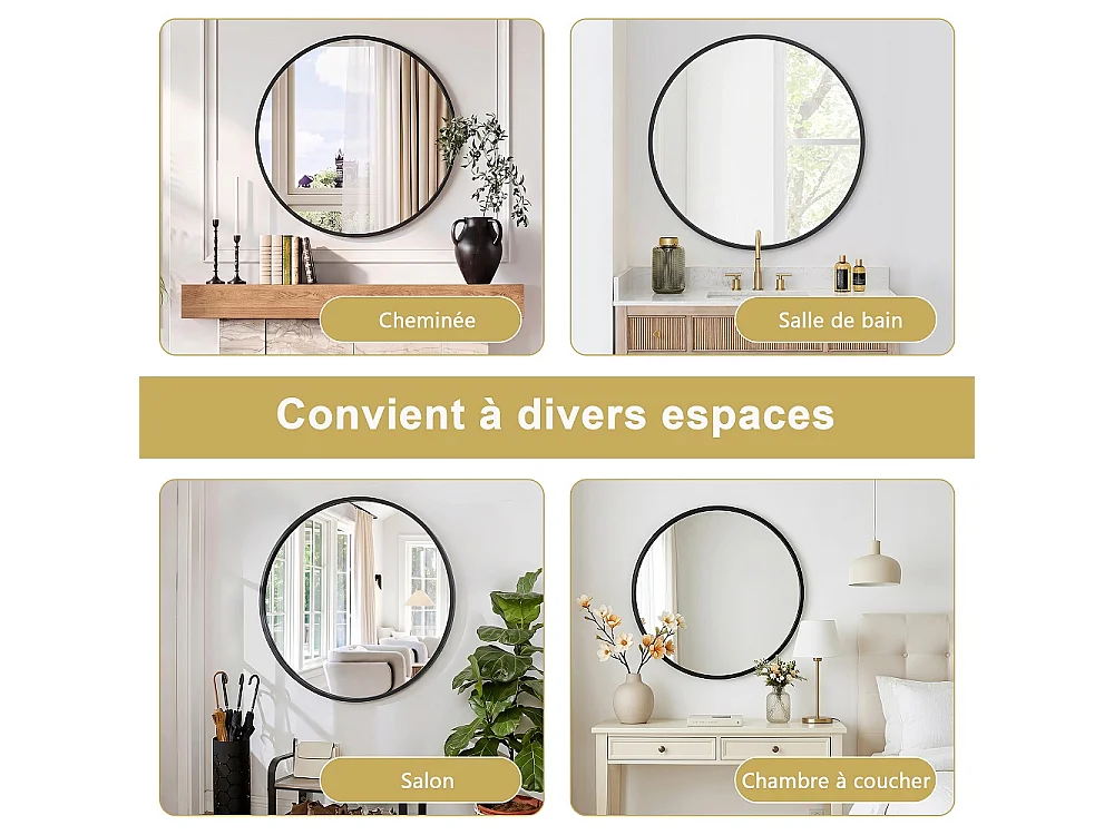 Miroir mural rond 75cm de diamètre - Miroir de salle de bain avec cadre en alliage d'aluminium - Miroir décoratif monté au mur, Miroir de vanité - Noir