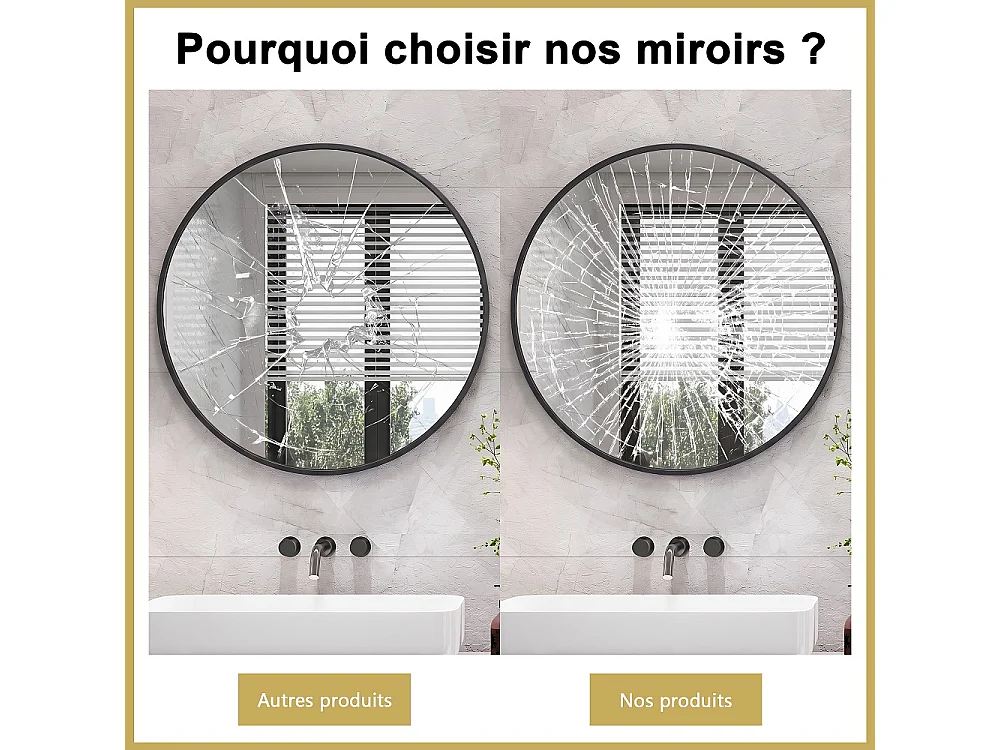 Miroir mural rond 75cm de diamètre - Miroir de salle de bain avec cadre en alliage d'aluminium - Miroir décoratif monté au mur, Miroir de vanité - Noir