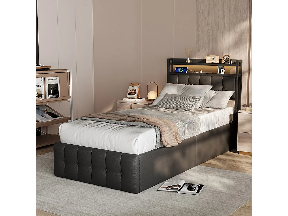 Lit rembourré 90x200 cm - Lit de rangement ascenseur avec tête LED et USB, lit double avec lame en bois hydraulique - Faux cuir tufted - noir