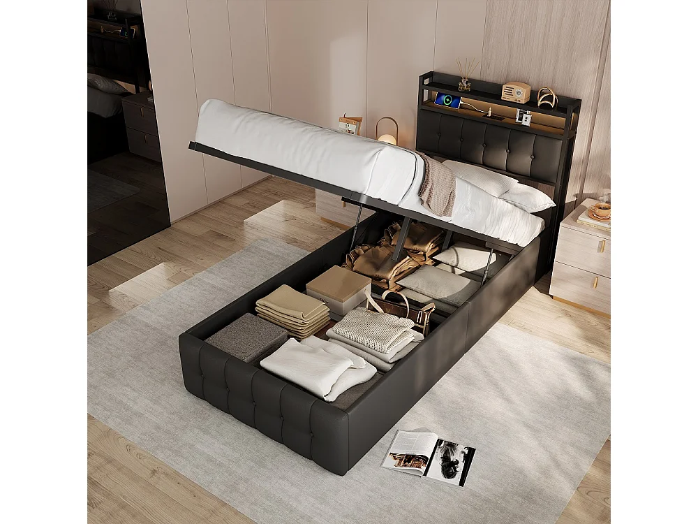Lit rembourré 90x200 cm - Lit de rangement ascenseur avec tête LED et USB, lit double avec lame en bois hydraulique - Faux cuir tufted - noir