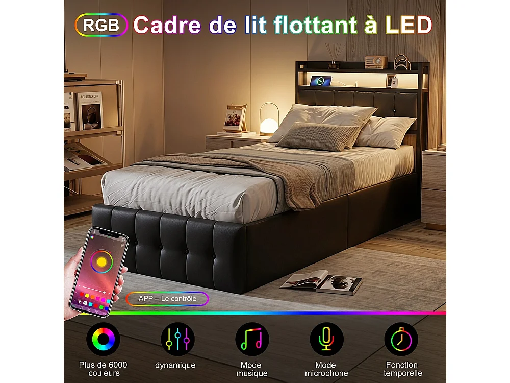 Lit rembourré 90x200 cm - Lit de rangement ascenseur avec tête LED et USB, lit double avec lame en bois hydraulique - Faux cuir tufted - noir