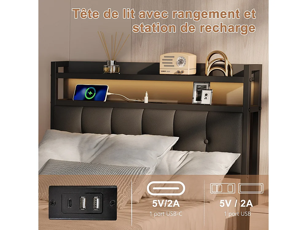 Lit rembourré 90x200 cm - Lit de rangement ascenseur avec tête LED et USB, lit double avec lame en bois hydraulique - Faux cuir tufted - noir