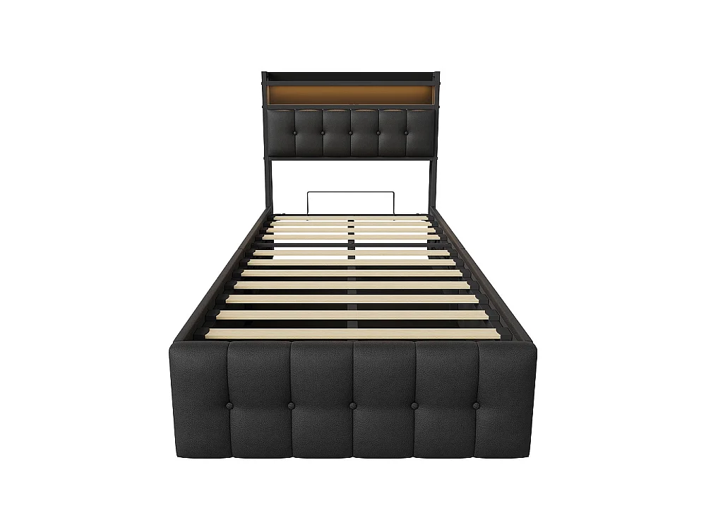 Lit rembourré 90x200 cm - Lit de rangement ascenseur avec tête LED et USB, lit double avec lame en bois hydraulique - Faux cuir tufted - noir