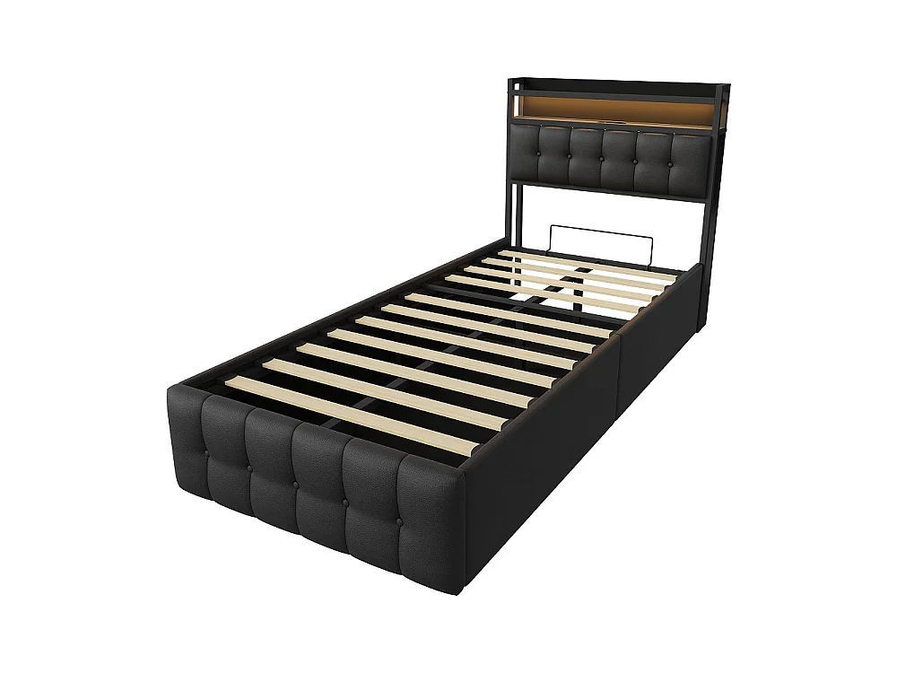 Lit rembourré 90x200 cm - Lit de rangement ascenseur avec tête LED et USB, lit double avec lame en bois hydraulique - Faux cuir tufted - noir