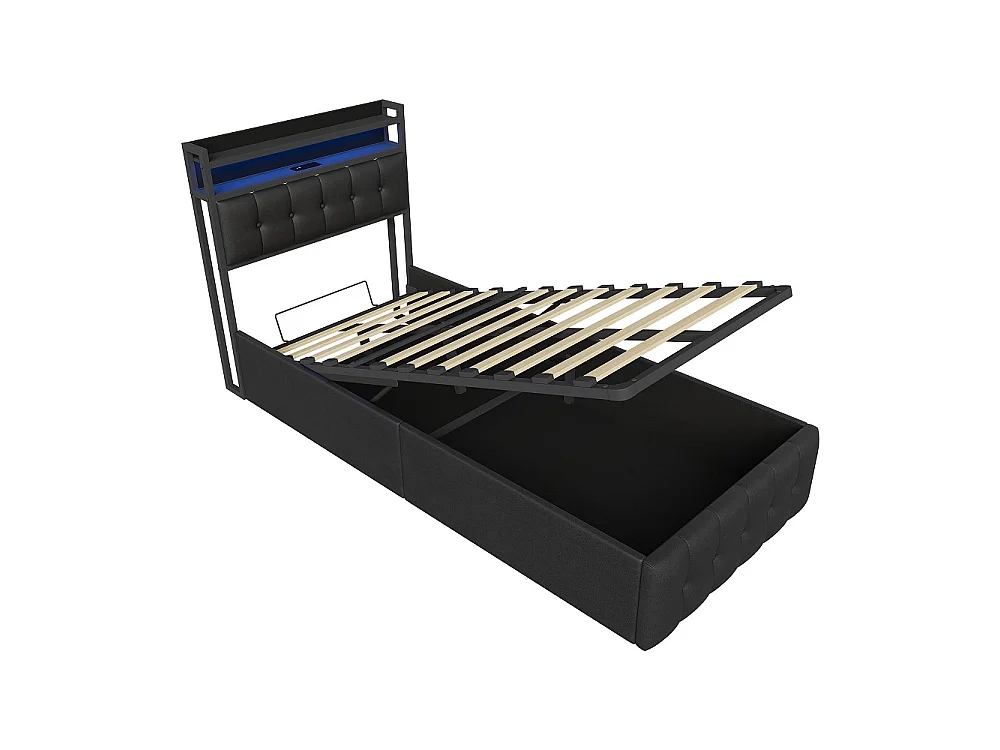 Lit rembourré 90x200 cm - Lit de rangement ascenseur avec tête LED et USB, lit double avec lame en bois hydraulique - Faux cuir tufted - noir
