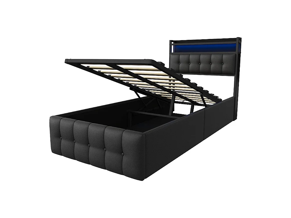 Lit rembourré 90x200 cm - Lit de rangement ascenseur avec tête LED et USB, lit double avec lame en bois hydraulique - Faux cuir tufted - noir