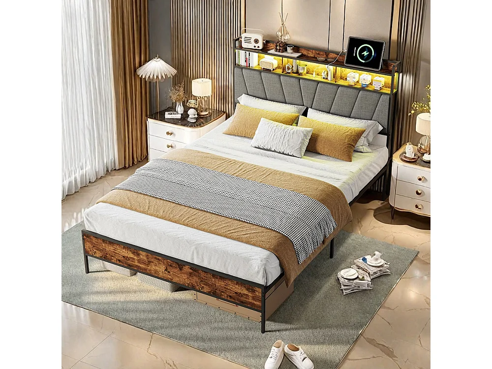 Cadre de lit en métal 140 x 200 cm - Lit rembourré avec tête de rangement et LED et USB & Type-C - Lit double avec cadre à lames - linge - gris