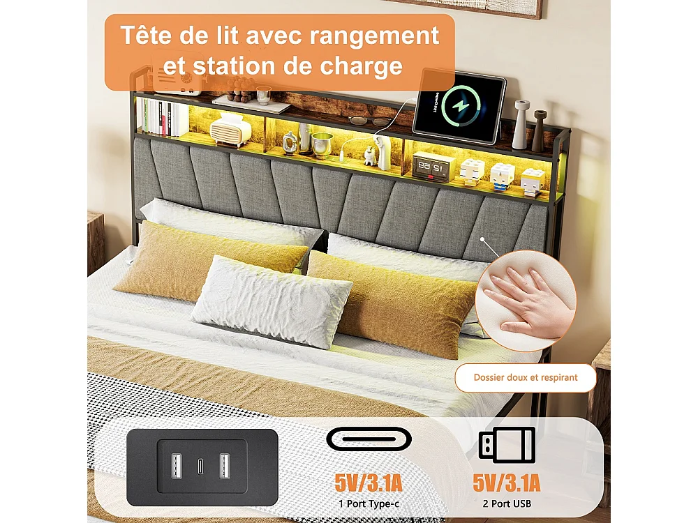 Cadre de lit en métal 140 x 200 cm - Lit rembourré avec tête de rangement et LED et USB & Type-C - Lit double avec cadre à lames - linge - gris