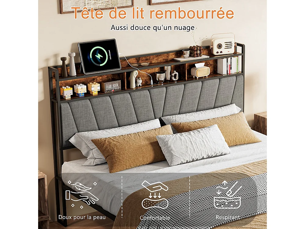 Cadre de lit en métal 140 x 200 cm - Lit rembourré avec tête de rangement et LED et USB & Type-C - Lit double avec cadre à lames - linge - gris
